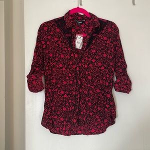 NWT Express Red and Black Floral Lace Button Down Shirt